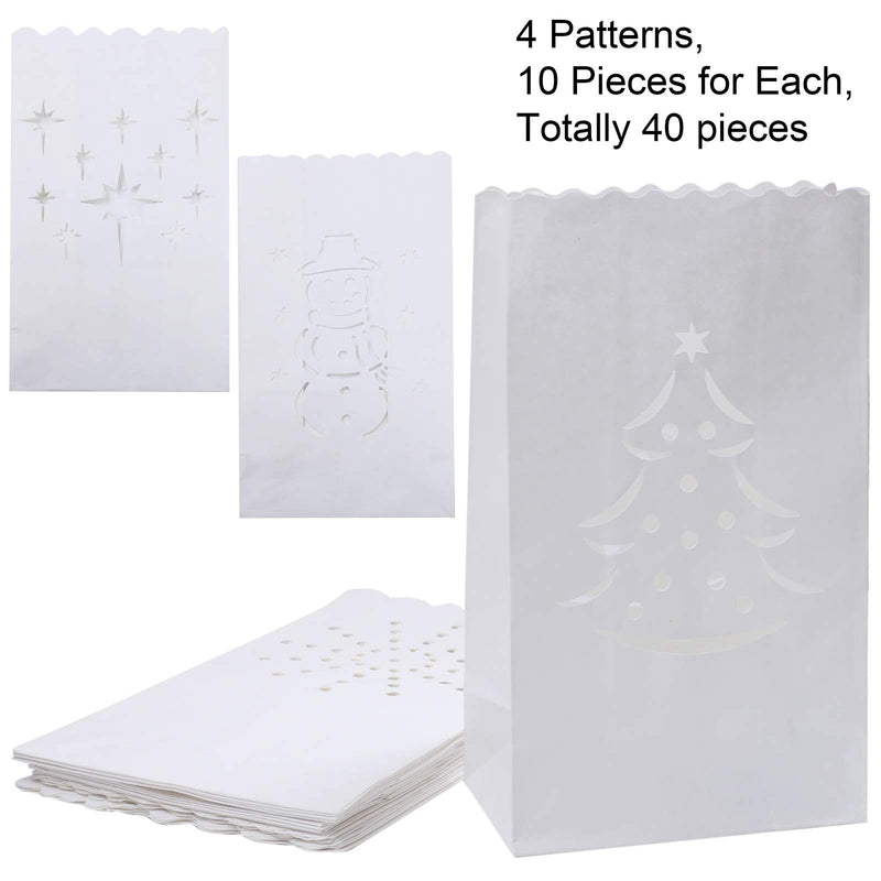 ANECO 40 Pieces Paper Luminary Bags White Candle Bags Flame Resistant Lantern Bags Tealight Luminaries 4 Designs with Tree, Stars, Sunburst, Snowman for Christmas, Party Decoration - PawsPlanet Australia