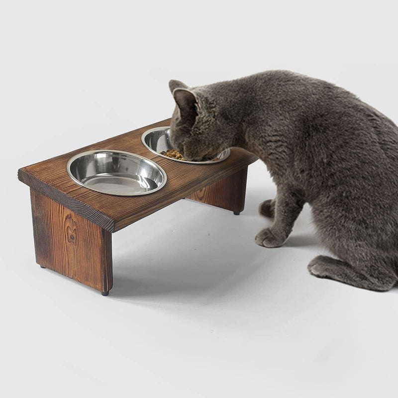 Raised Tilted Cat Bowl, Elevated Slanted Feeding Bowl for Cat and Dogs, Pet Food and Water Bowl with Adjustable Wooden Stand, Anti Slip Dog Cat Feeder with 2 Stainless Steel Bowls - PawsPlanet Australia