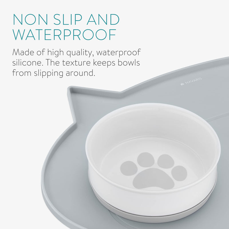 Navaris Cat Food Bowl Mat - 50x32 cm Silicone Mat for Pet Bowls - Waterproof Non-Slip Feeding Placemat for Cats with Fun Cat Ears Shape Design - Grey - PawsPlanet Australia