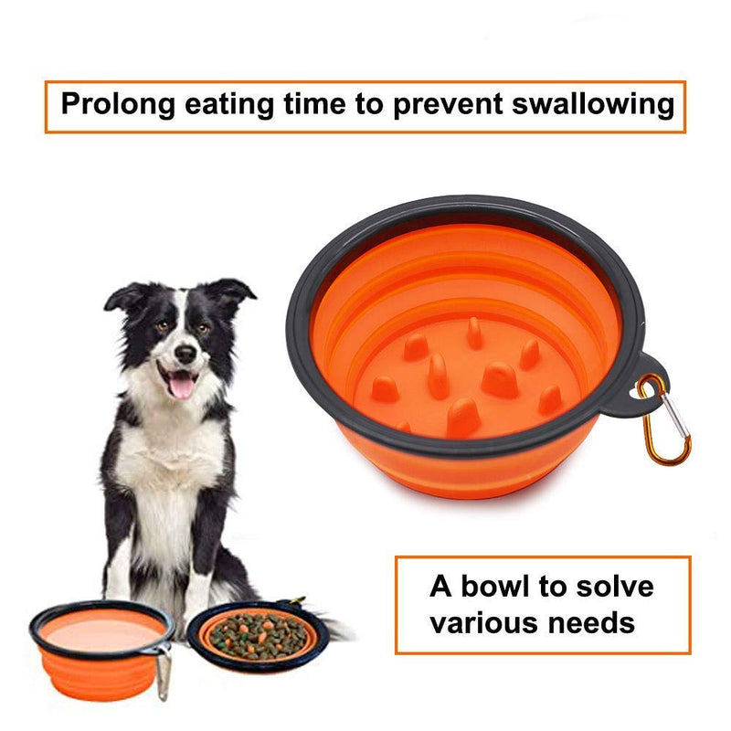 Collapsible Slow Feeder Dog Bowl, Orange Silicone Bowl to Slow Down Eating and Drinking for Reduced Gulping and Better Digestion, Outdoor and Indoor Use With Carabiner Clip for Travelling - PawsPlanet Australia