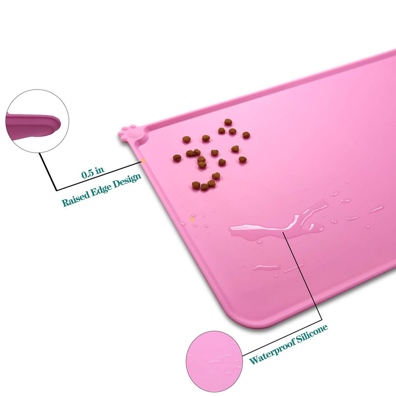 [Australia] - QAZWER Pet Food Mat Silicone Waterproof Dog Feeding Mat Cat Water Bowl Non-Slip Dog Placemat with Raised Edges (18.5" x 12") Pink 