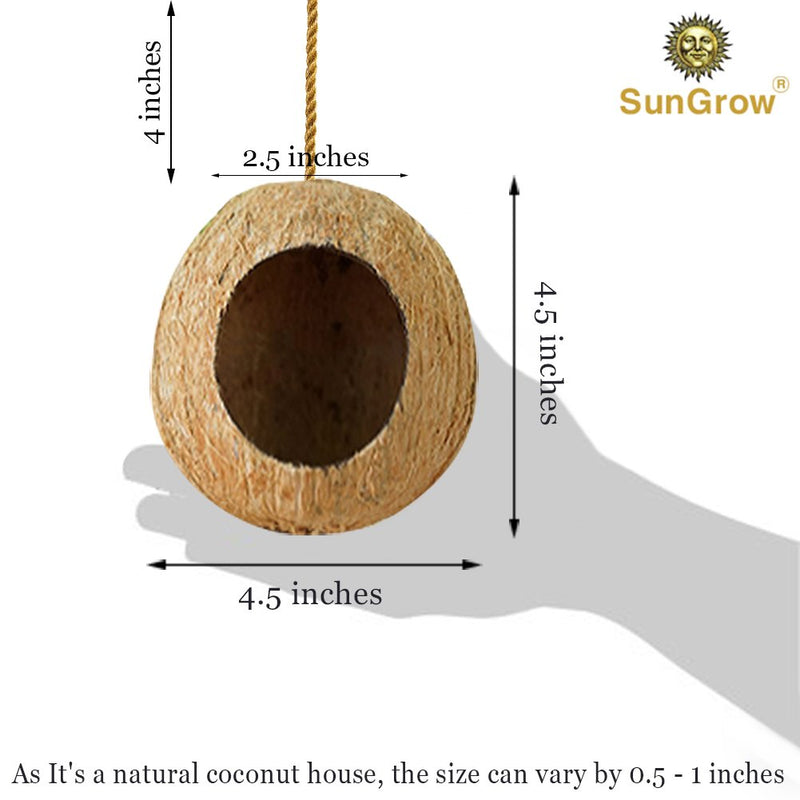 SunGrow Coco Shell Bird House, 4.5 Inches Shell Diameter with 2.5 Inches Opening Diameter, for Small to Medium Birds, Raw Coconut Husk, Sturdy Treat Dispenser, Includes Hanging Loop, 1 Piece - PawsPlanet Australia