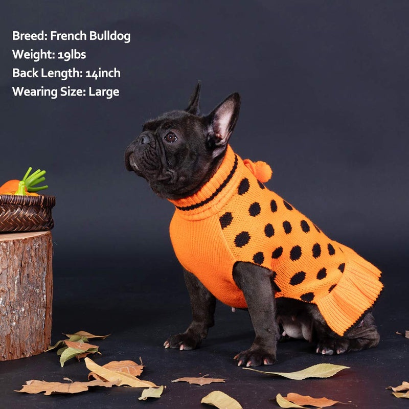 kyeese Dog Sweater Dress Turtleneck Polka Dot Dog Sweaters Knitwear Warm Pet Sweater with Pom Pom Ball X-Small Polkadot (Orange) - PawsPlanet Australia