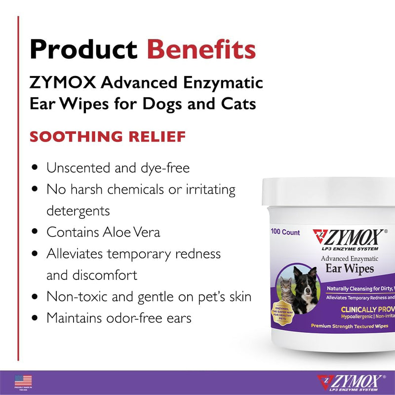 Zymox Advanced Enzymatic Ear Wipes for Dogs and Cats - for Dirty, Waxy, Smelly Ears - Premium Strength Ear Cleaner Wipes - Non-Irritating - Hypoallergenic - 100 ct - PawsPlanet Australia