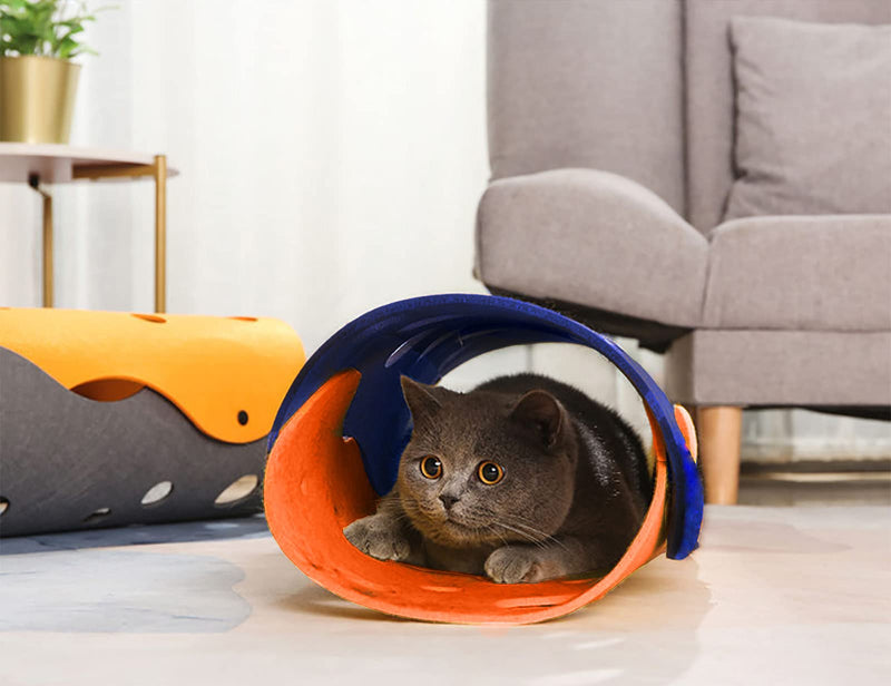 iCAGY Cat Tunnel for Indoor Cats Interactive, Rabbit Tunnel Toys, Pet Toys Play Tunnels for Cats Kittens Rabbits Puppies 36" 2 pcs Blue + Orange Felt Material - PawsPlanet Australia