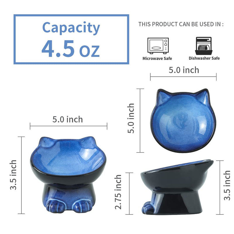 Nihow Slanted Elevated Cat Bowls: Ceramic Raised Cat Food Bowl for Protecting Pet's Spine - Microwave & Dishwasher Safe -Elegant Blue & Black (1 PC) 4.5 OZ - PawsPlanet Australia