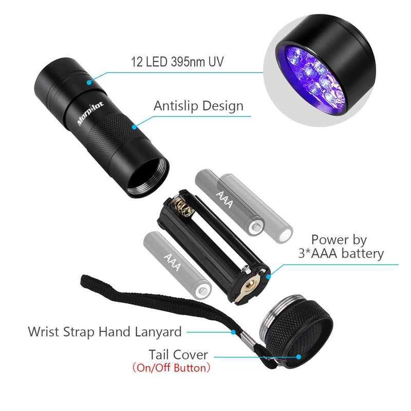 morpilot Black Light, 2 Pcs UV Handheld Blacklight Flashlights 12 Led 395nm Mini Light Torch Detector for Pets Urine and Stains - PawsPlanet Australia