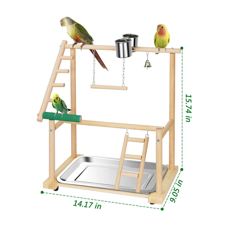 Ozzptuu Bird Playground Natural Wood Small/Medium Parrot Playstand Pet Bird Feeder Perch Stand with Seed Cups Ladder Hanging Swing - PawsPlanet Australia