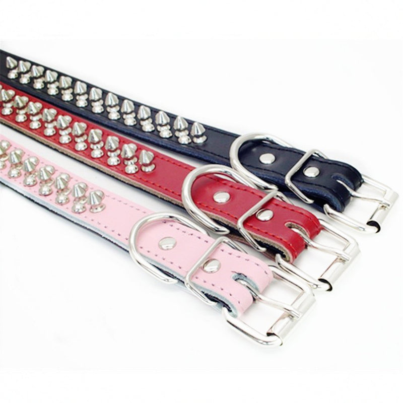 [Australia] - HOOTMALL Soft Genuine Leather Adjustable Spiked Studded Rivets Dog Collar for Puppy Small and Medium Dog L(neck 14.5-18" ) pink 