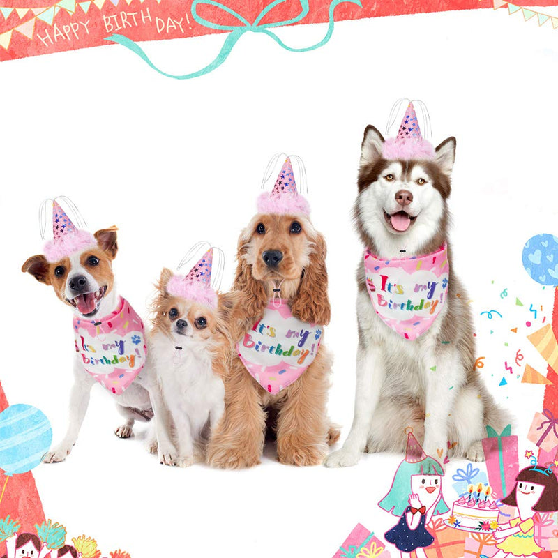 EXPAWLORER Dog Birthday Bandana Set - Cute Hat and Squeaky Cake Toy for Birthday Party Supplies Gift - Great for Small Medium Large Dogs Pink - PawsPlanet Australia