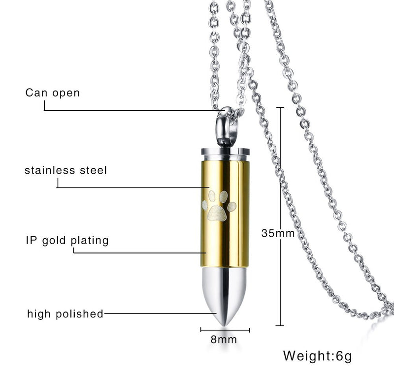 [Australia] - HUANIAN Stainless Steel The Bullet Urn Necklace for The Dog paw Keepsake Memorial Cremation Jewelry Gold 