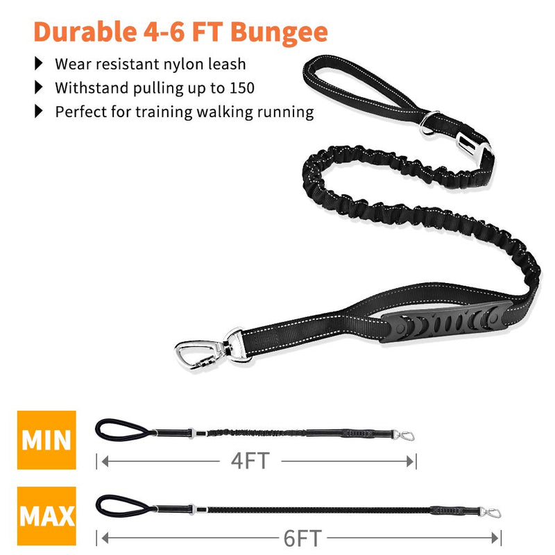 U-picks Bungee Dog Lead Anti Pull for Large Dogs 6 FT Integrated Seat Belt Buckle, Shock Absorb, Reflective Sewing, Double Handle Leash black - PawsPlanet Australia