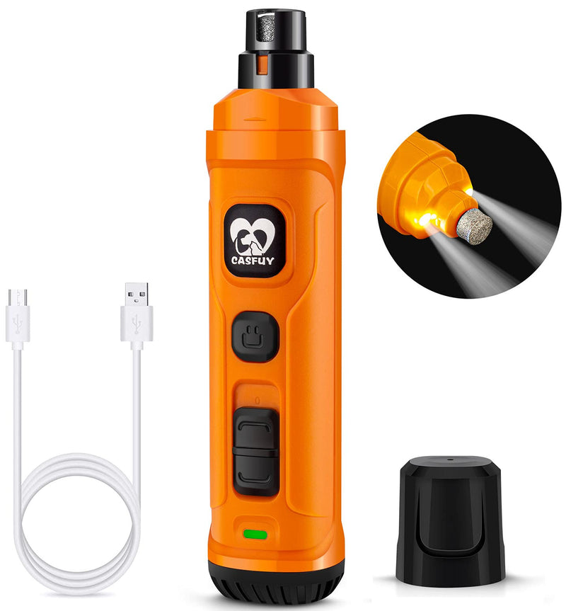 Casfuy Dog Claw Grinder with 2 LED Lights - 2 Speed Quiet Powerful Electric Claw Trimmer for Small Medium Dogs and Cats Orange - PawsPlanet Australia