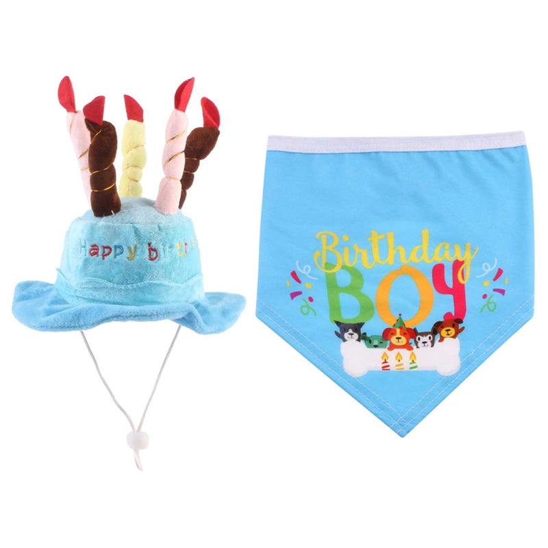 Dog Birthday Bandana Hat, 2pcs Cute Dog Birthday Candles Cake Hat with Triangle Bib Scarf for Girls Boys,Happy Birthday Boy Print Outfit for Your Lovely Dog Puppy Pet Birthday Supplies Blue - PawsPlanet Australia