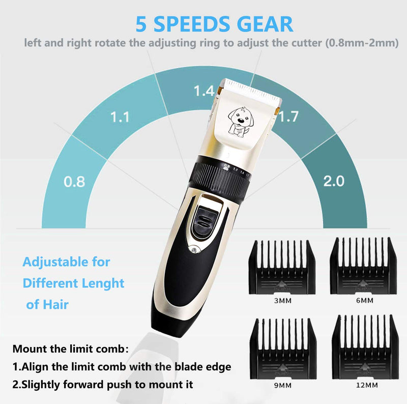 HFAN Pet Clippers, Dog Clippers Professional Cordless Low Noise Rechargeable Grooming Trimmer Hair Electric Shaver Kit with 4 Comb Guides scissors for Dogs, Cats and Other Animals - PawsPlanet Australia