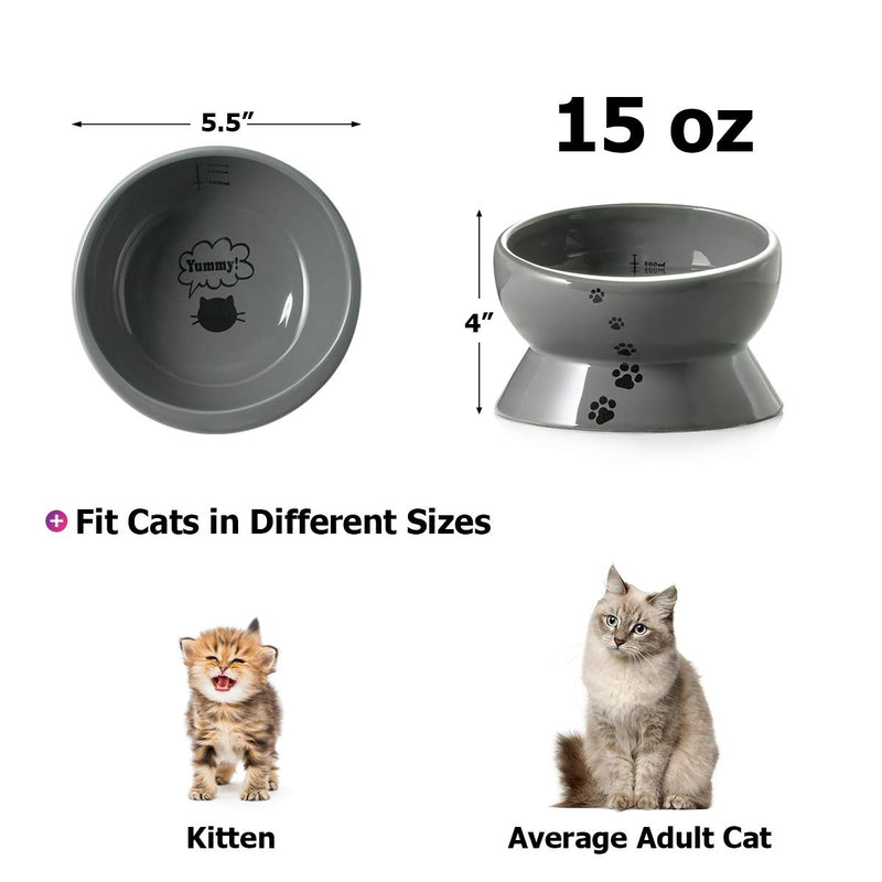 Y YHY Ceramic Raised Cat Food Water Bowl, 15 Ounce Slanted Cat Bowl, Tilt Angle Protect Cat's Spine, Stress Free, Backflow Prevention, Gift for Cat, Cat Dish, Grey - PawsPlanet Australia