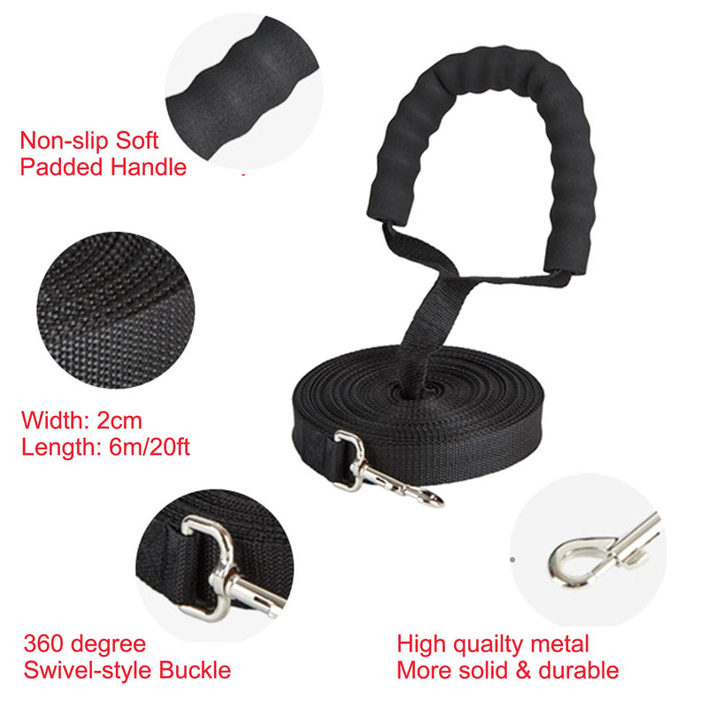 Mainiusi Dog Training Lead Leash 6m /20ft Extra Long Line Dog Rope for Large, Medium, Small Dogs Pet Nylon Recall Lead for Camping Tracking Training Obedience Backyard Playing Running 6m with padded handle Black - PawsPlanet Australia