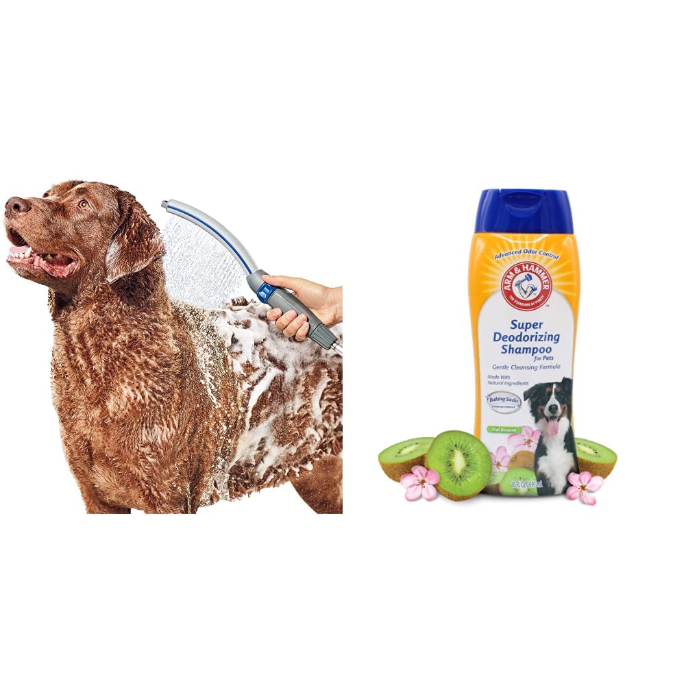 Waterpik PPR-252 Pet Wand Pro Shower Sprayer Attachment, Blue/Grey & Arm & Hammer Super Deodorizing Shampoo For Dogs - Odor Eliminating Dog Shampoo -- Kiwi Blossom Scent, 20 Fl Oz 2.5 GPM Sprayer + Shampoo For Dogs - PawsPlanet Australia