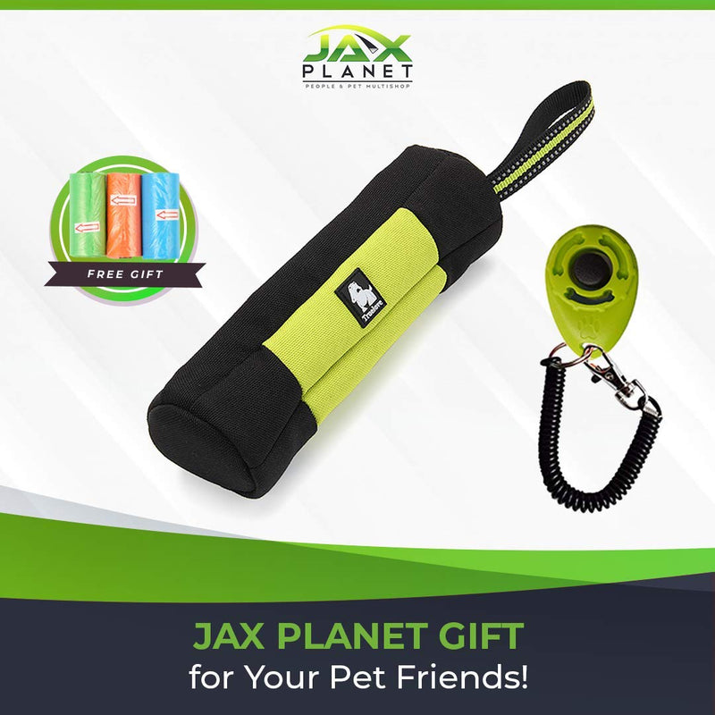 [Australia] - JAX PLANET Dog Training Bag Clicker Set - Dog Training Clicker & Treat Holder for Dog Training (1. Dog Treat Pouch or 2. Dog Bite Tug SnackBag)+FreeGift Small/FreeSize SnackBagTug/Clicker-NeonGreen&Black+FreeGift 