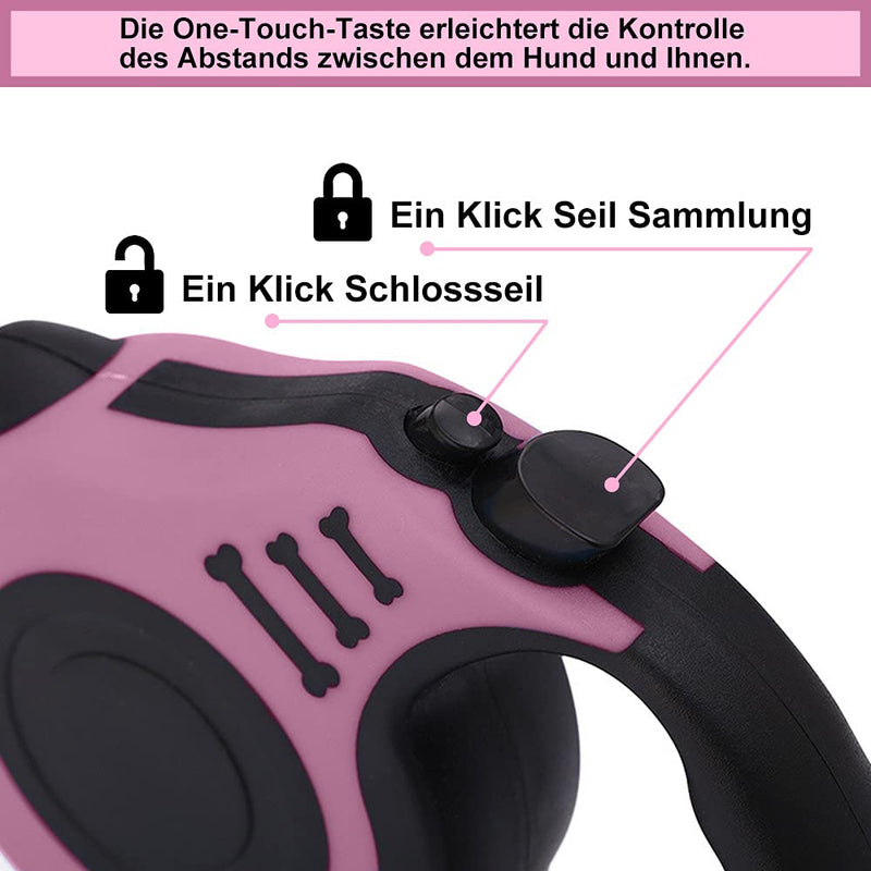Dog Lead, 5 m Retractable Dog Lead for Small, Medium and Large Dogs, Pink - PawsPlanet Australia
