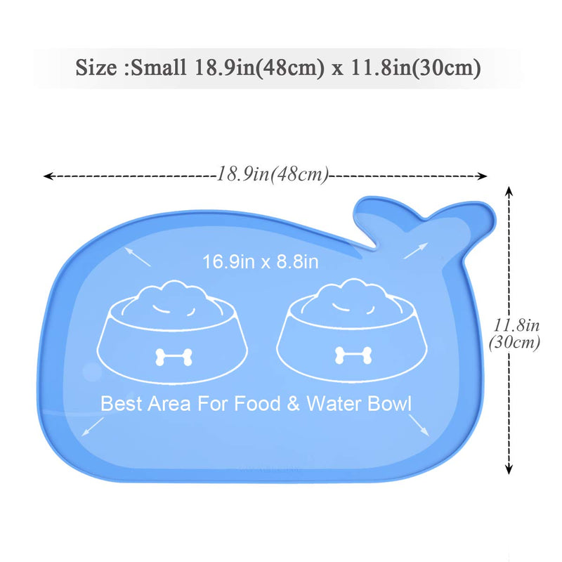 Vivaglory Pet Food Mat with Raised Edge, Large (23.6" x 15.7") or Small (18.9" x 11.8") Waterproof Food Grade Silicone Cute Feeding mat for Kitty Puppy Cat Dog S(18.9"x11.8") Blue (Whale-shape) - PawsPlanet Australia