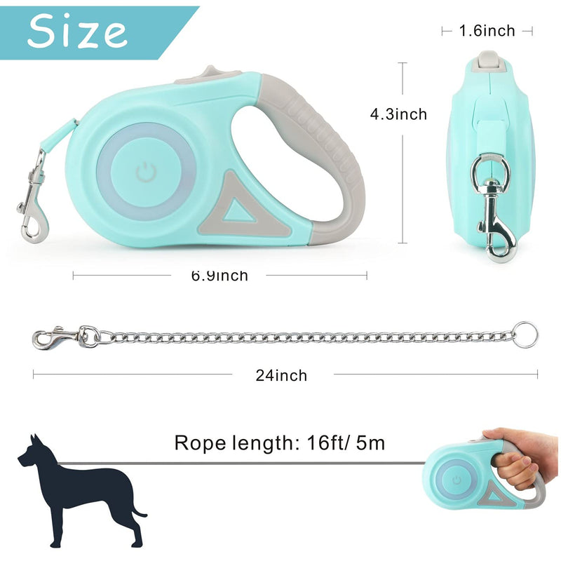 Idepet Retractable Dog Leash with LED Light, Anti-Chewing Steel Chain Heavy Duty 16ft Walking Leashes for Small and Medium Dogs Green - PawsPlanet Australia