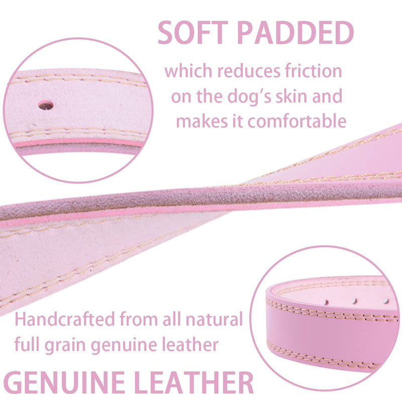 Extra Thick Premium Genuine Leather Dog Collar, Adjustble Heavy Duty Dog Collars for Small Medium & Large Breed Dogs(Pink) (S) S (Neck 29-39cm) Pink - PawsPlanet Australia