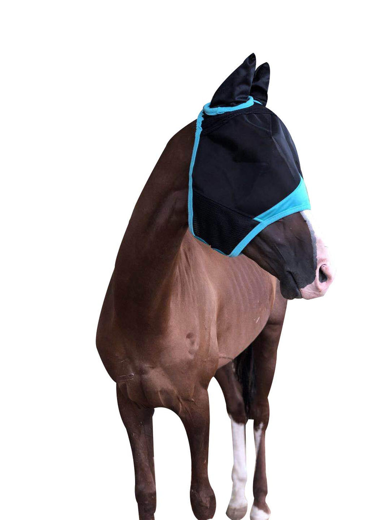 TGW RIDING Horse Mask with Ears Fine Mesh Warmblood Black/Turquoise - PawsPlanet Australia