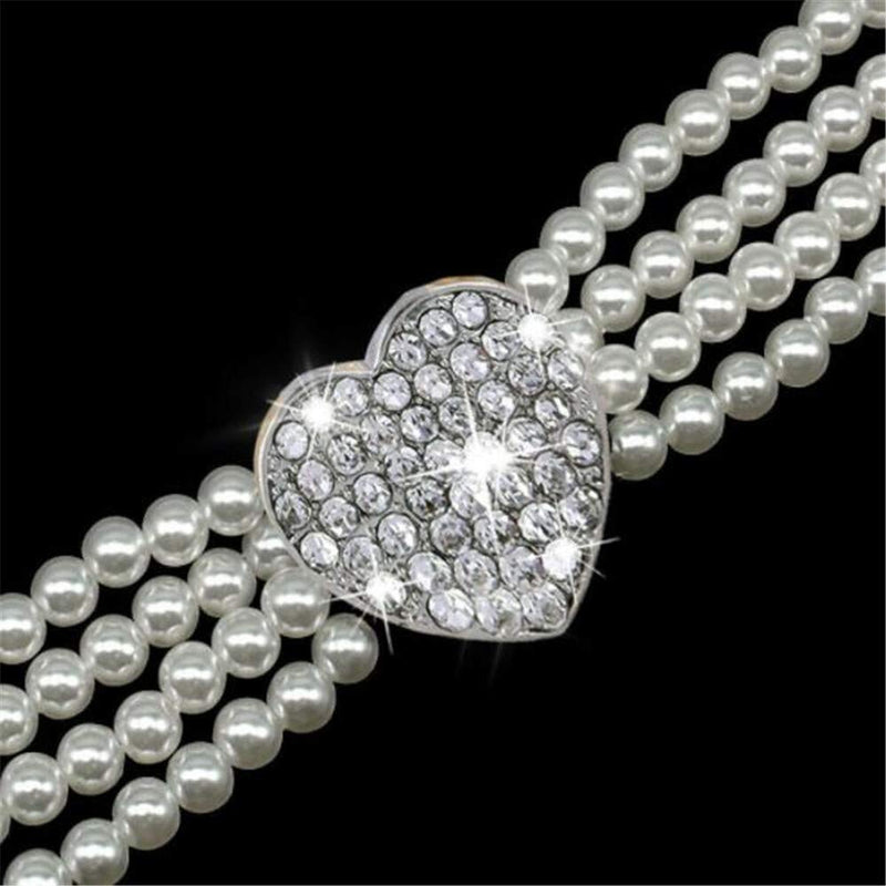 Dogs Kingdom 4 Rows Dog Cat Pearls Necklace Bling Rhinestone Heart Decor Collar Necklace Pet Puppy Jewelry Accessories S:8-10" neck White - PawsPlanet Australia