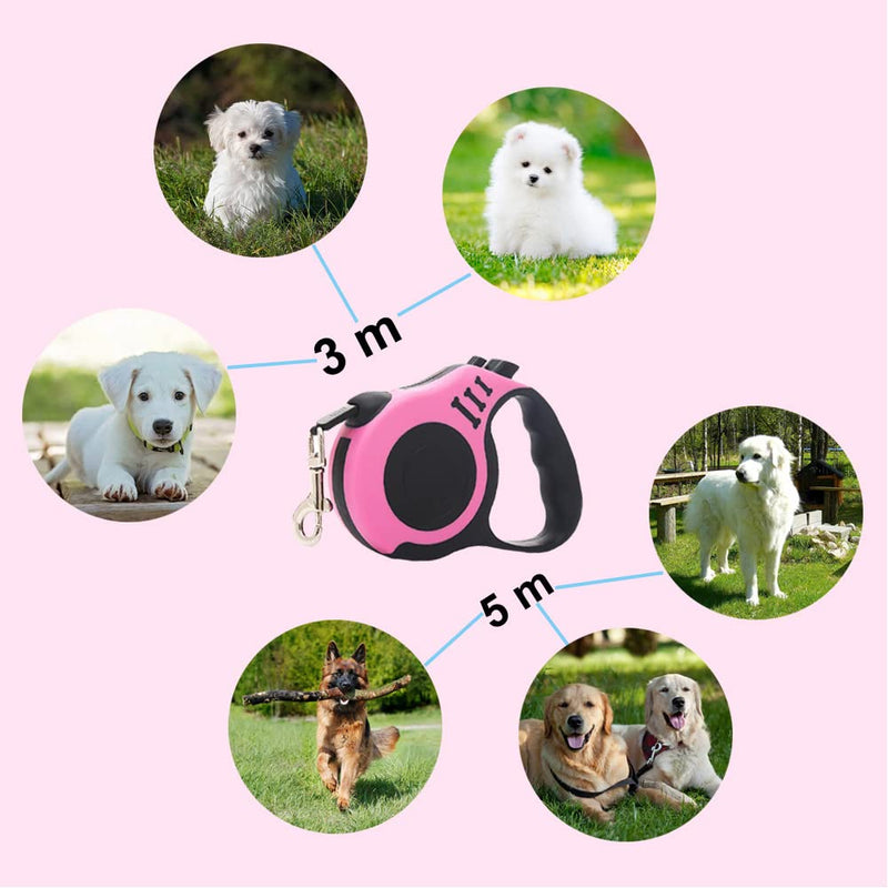 Dog Lead, 5 m Retractable Dog Lead for Small, Medium and Large Dogs, Pink - PawsPlanet Australia