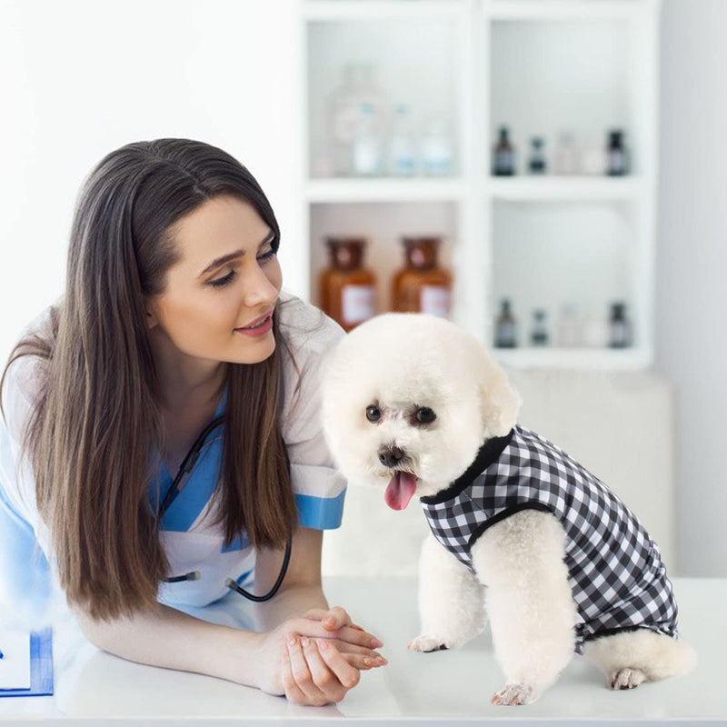 Due Felice Dog Surgical Onesie Recovery Suit for Female Male Small Medium Dog After Surgery Bodysuits Pet Cone E-Collar Alternative Black Plaid/X-Small X-Small - PawsPlanet Australia