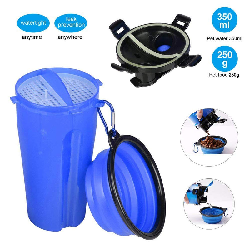 Fly Joys Portable Dog Water Bottle and Food Container 2-in-1 with Collapsible Dog Bowl, Antibacterial Dog Cat Pet Puppy Travel Water Dispenser Cup for Outdoor Car Trip,Large Size, BPA Free Blue - PawsPlanet Australia