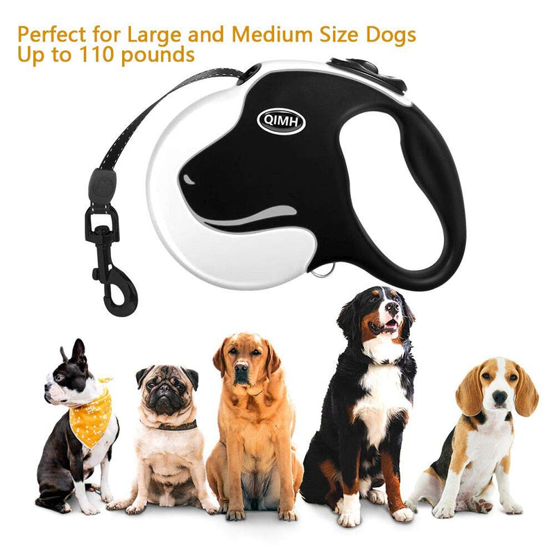 [Australia] - QiMH Retractable Dog Leash, 360° Tangle-Free Heavy Duty 16ft Reflective Walking Dog Leash Ribbon with Anti-Slip Handle for Medium and Large Dogs Up to 110lbs, One-Handed Brake, Pause and Lock Black & White 