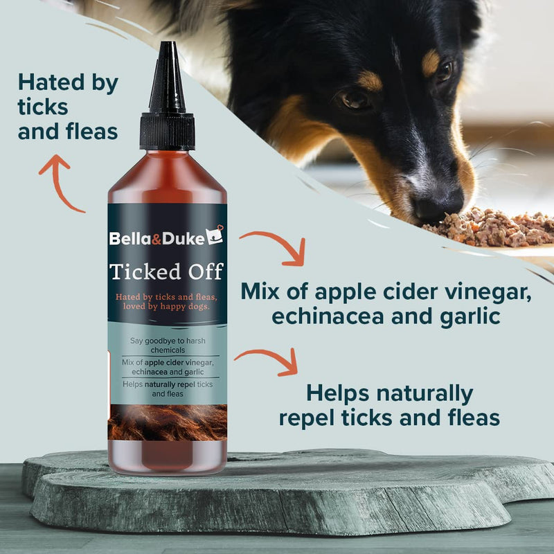 Bella & Duke Ticked Off 200ml - 100% natural tick and flea repellent - With apple cider vinegar, echinacea and garlic - Food supplement for parasite management - Made sustainably in the UK - PawsPlanet Australia