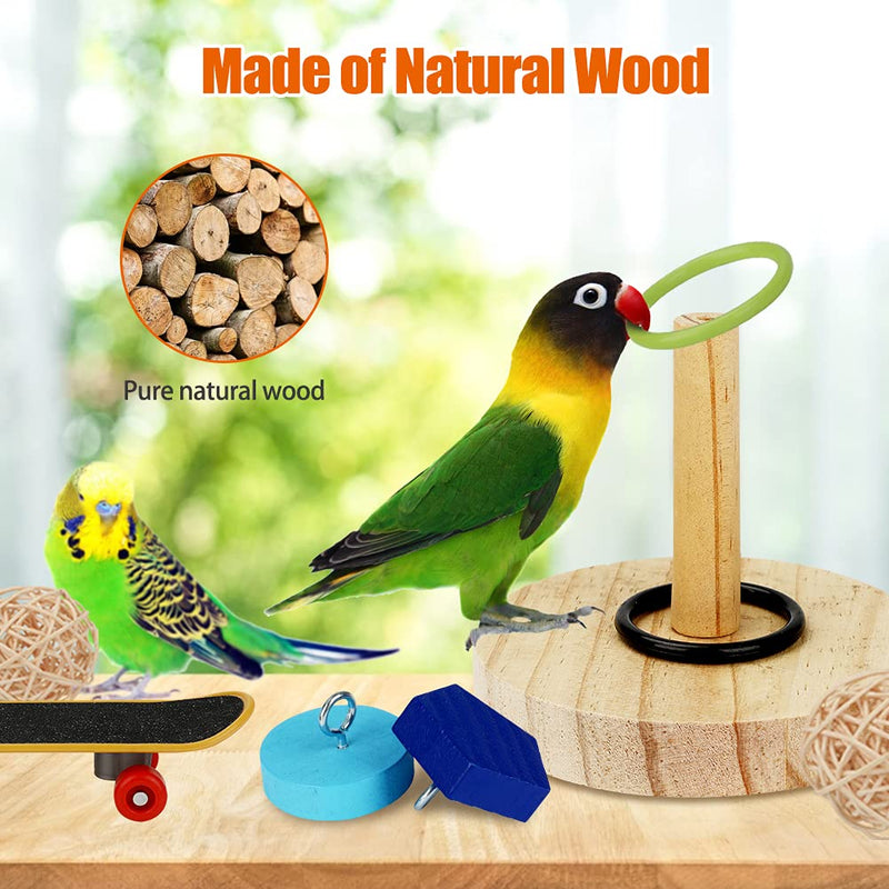 Aceshop Bird Parrot Toys 5 Pieces Parakeet Toys Interactive Bird Training Toy Set with Wooden Block, Basketball Toy, Mini Skateboard, Colorful Stacking Rings and Small Sepak Takraw for Parrots Birds - PawsPlanet Australia