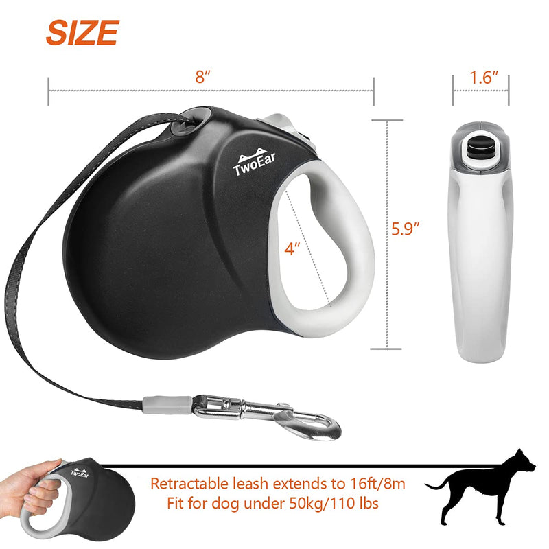 TwoEar Retractable Dog Leash 26ft, Strong Reflective Nylon Tape, Heavy Duty 360°Tangle-Free Dog Walking Leash, Easy One Button Brake, for Medium/Large Dogs Breed up to 110lbs,Black Black - PawsPlanet Australia