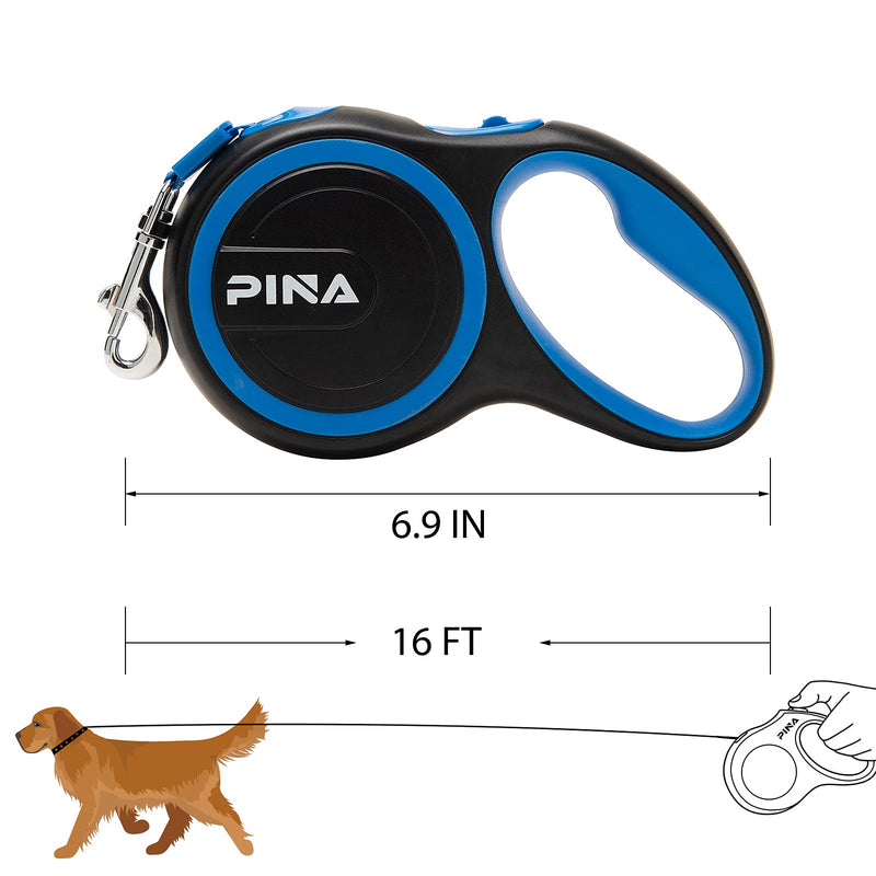 PINA Retractable Dog Leash, 26ft Dog Leash for Small Medium Large Dogs Up to 110lbs, 360° Tangle-Free Strong Reflective Nylon Tape, with Anti-Slip Handle, One-Handed Brake, Pause, Lock 16FT Black Blue - PawsPlanet Australia