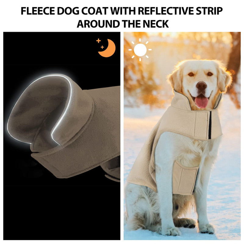 Bwiv Large Medium Dog Coats Warm Reversible Belly Protect With Leash Hole Puppy Pet Fleece Jackets With Reflective Strips Clothes Windproof For Winter XL Beige XL(Neck:42-44cm/Chest:60-72cm/Length:43cm) - PawsPlanet Australia