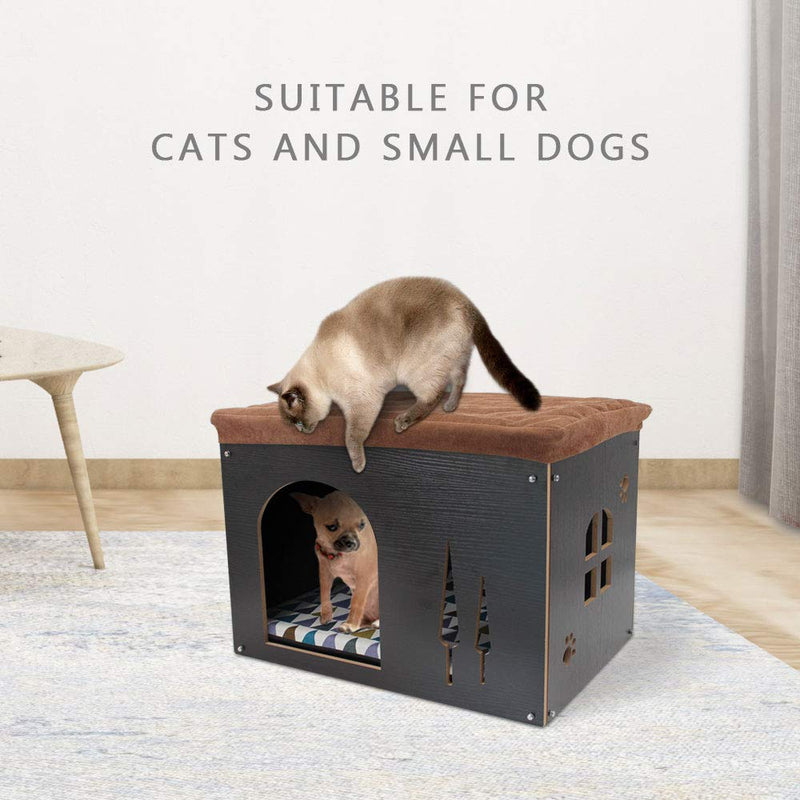 SONGWAY Cat Pet Bed House- Footstool Style Cat Cave Puppy Kennel, Foldable Pet House with Free Pet Cushion for Small Dogs Cats Rabbits Creative Wood Sitting Stool for Living Room Bedroom, Black XL - PawsPlanet Australia