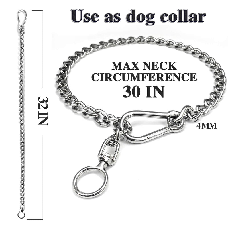 Dog Chain Leash, 304 Stainless Steel Dog Short Lead Metal Heavy Duty Chain DIY Double Dog Leashes Self-Assembly Leashes Extension&Coupler. (304 S/S 32in x 4mm) 304 S/S 32in x 4mm - PawsPlanet Australia
