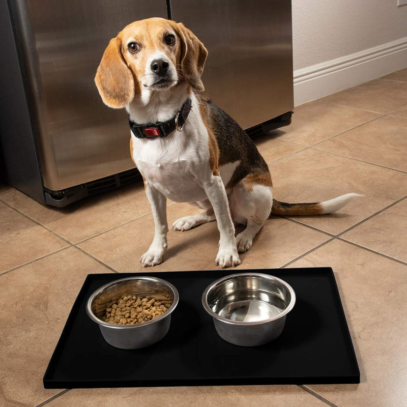 Leashboss Splash Mat Dog Food Mat with Tall Lip, M/L (20"x13"), XL (25”x17”) or XXL (30"x22") Dog Bowl Mat for Food and Water, Non Slip Waterproof Silicone Pet Food Mat for Dogs and Cats M/L - 20 x 13 Inches Black - PawsPlanet Australia