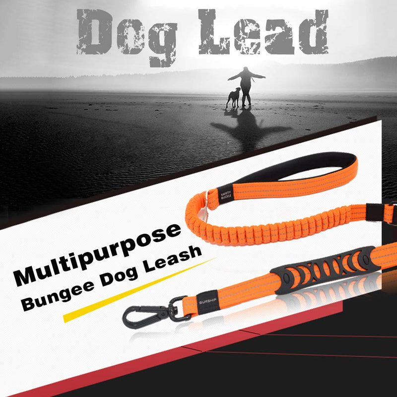 Multipurpose Strong Nylon Dog Lead Leash with Dog Seat Belt Clip for Car, 1.1m - 1.5m Bungee Dog Lead Leash Shock Absorber for Small Medium Large Dog, with Reflective Stitching & Padded Handle（Orange） - PawsPlanet Australia