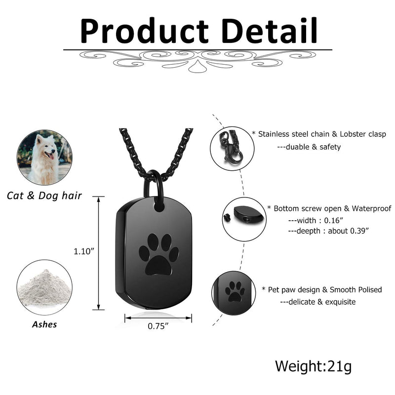 PiercingJ Stainless Steel Pet Ashes Urn Memorial Jewelry Cremation Urn Necklace Paw Print Keepsake Locket Pendant for Ashes with Fill Kit, Loss of Pet Cat Dog Sympathy Black - PawsPlanet Australia