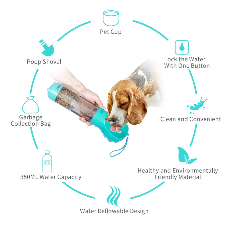 NUOLIDE Dog Water Bottles for Walking, 4 in 1 Portable Pet Water Bottle Dispenser Leakproof Dog Travel Water Bottle with Food Container & Waste Bag, Dog Accessories for Outdoor Hiking lake-blue - PawsPlanet Australia