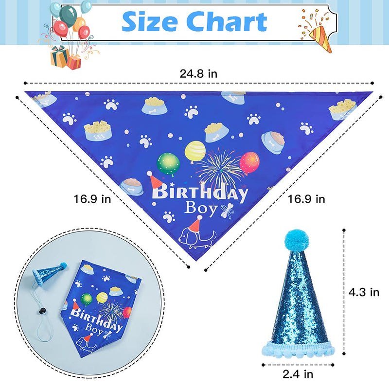 CUTEFURRY Boy Dog Birthday Bandana and Hat Set, Soft Breathable Birthday Triangle Scarf and Cute Party Hat, Excellent Birthday Gift for Small Medium Dogs, Puppies Blue - PawsPlanet Australia