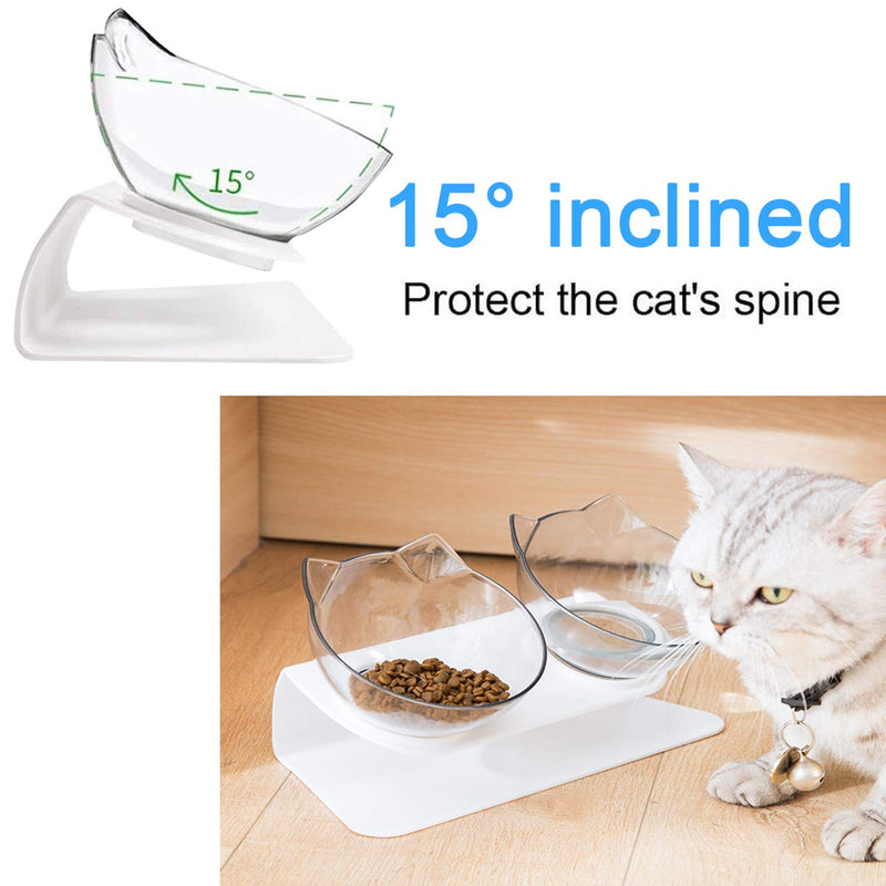 DMSELL (3 Pcs) Cat Bowls/Dog Bowls With Food Scoop and Silicone Pet Feeding Mat, 15°Tilted Double Cat Bowls with Raised Stand, Protect Pets Cervical Vertebra, Transparent Cat Food and Water Bowl Clear+Clear(3 PCS) - PawsPlanet Australia