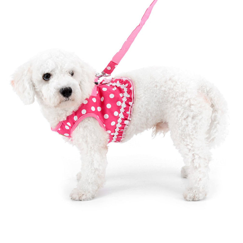 [Australia] - SMALLLEE_LUCKY_STORE No Pull Polka Dot Small Dog Cat Harness with Crown, Soft Mesh Padded Vest Harness and Leash Set for Girls M (chest 13.4") Pink 