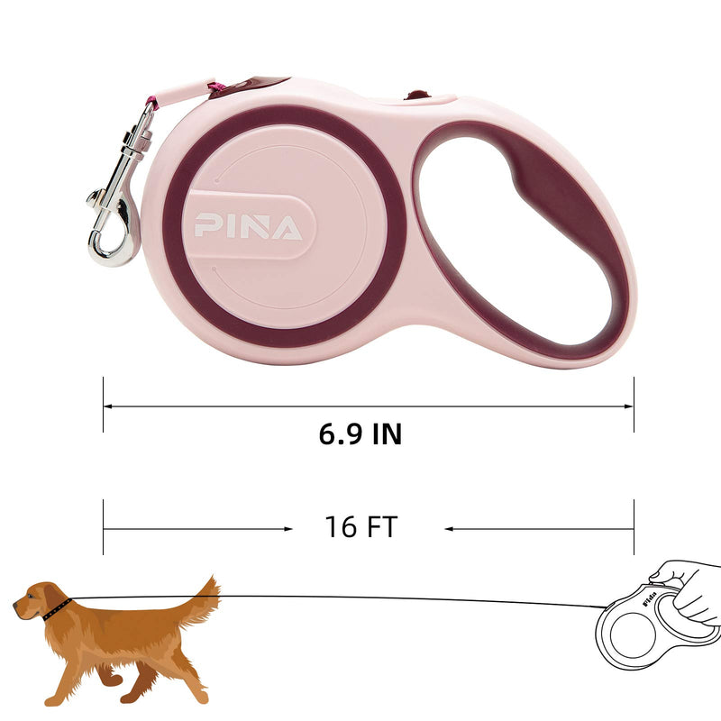 PINA Retractable Dog Leash, 16ft Dog Leash for Small Medium Dogs Up to 55lbs, 360° Tangle-Free Strong Reflective Nylon Tape, with Anti-Slip Handle, One-Handed Brake, Pause, Lock - Pink Red - PawsPlanet Australia