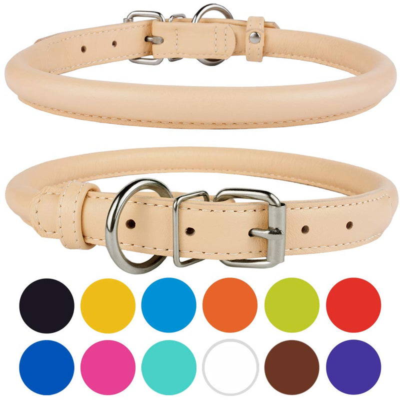 CollarDirect Rolled Leather Dog Collar, Soft Padded Round Puppy Collar, Handmade Genuine Leather Collar for Dog Small Large Cat Collars Black Pink Red Purple Blue Fits 6" Neck Beige - PawsPlanet Australia