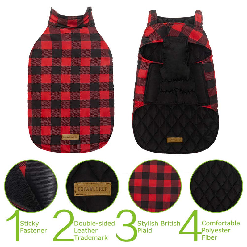 EXPAWLORER Winter Warm Dog Down Coat Cozy Waterproof Lightweight Reversible British Plaid Long Collar Dog Vest Cold Weather Jacket for Hiking Outdoor Red Black Size XL - PawsPlanet Australia